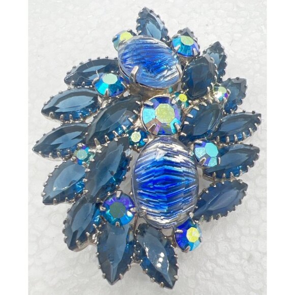 Vintage Givre Brooch Pin Blue AB Navette Art Glass Open Backs Rhinestones READ - Picture 1 of 11